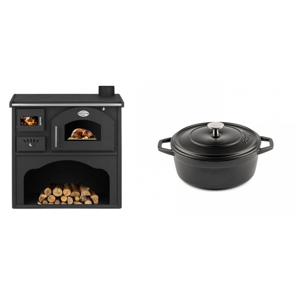 Set Küchenofen / Küchenhexe mit Backofen und Kochplatte Zvezda, Modell Classic GFS, Leistung 5.9kW + Gusseisen Topf Tiefer Solagio, Black Onyx, Ф20