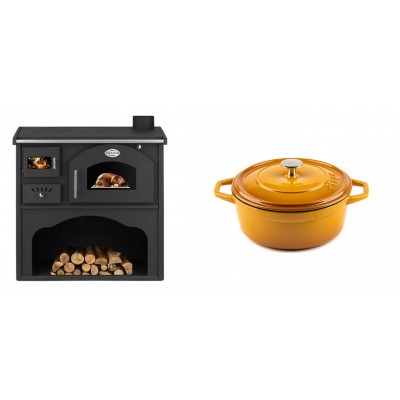 Set Küchenofen / Küchenhexe mit Backofen und Kochplatte Zvezda, Modell Classic GFS, Leistung 5.9kW + Gusseisen Topf Tiefer Solagio, Dijon, Ф20 - Kaminofen - Holzofen mit Backfach
