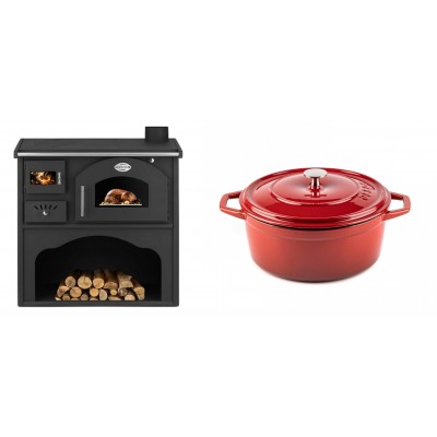 Set Küchenofen / Küchenhexe mit Backofen und Kochplatte Zvezda, Modell Classic GFS, Leistung 5.9kW + Gusseisen Topf Tiefer Solagio, Rubin, Ф24 - Kaminofen - Holzofen mit Backfach