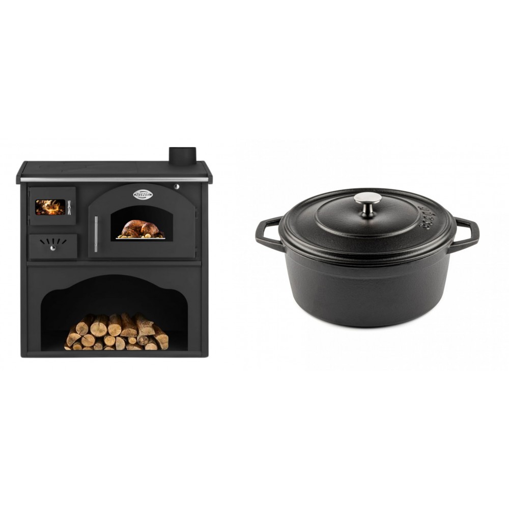 Set Küchenofen / Küchenhexe mit Backofen und Kochplatte Zvezda, Modell Classic GFS, Leistung 5.9kW + Gusseisen Topf Tiefer Solagio, Black Onyx, Ф24