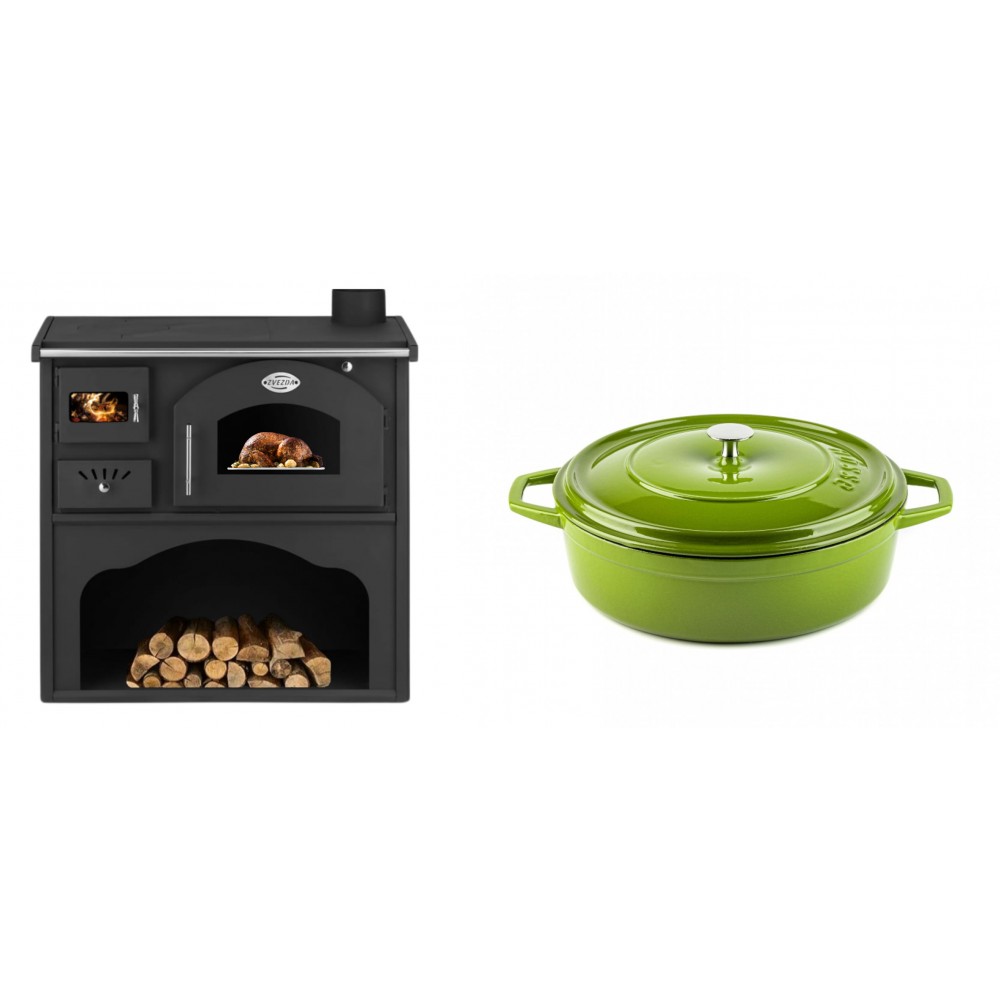 Set Küchenofen / Küchenhexe mit Backofen und Kochplatte Zvezda, Modell Classic GFS, Leistung 5.9kW + Gusseisen Topf Flach Solagio, Bamboo, Ф26