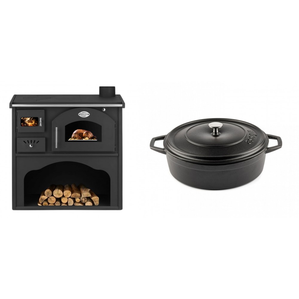 Set Küchenofen / Küchenhexe mit Backofen und Kochplatte Zvezda, Modell Classic GFS, Leistung 5.9kW + Gusseisen Topf Flach Solagio, Black Onyx, Ф26 | Kaminofen - Holzofen mit Backfach | Kaminofen |