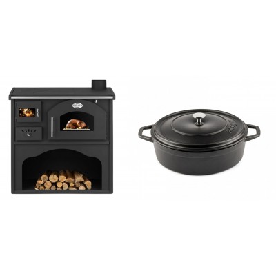 Set Küchenofen / Küchenhexe mit Backofen und Kochplatte Zvezda, Modell Classic GFS, Leistung 5.9kW + Gusseisen Topf Flach Solagio, Black Onyx, Ф26 - Kaminofen - Holzofen mit Backfach