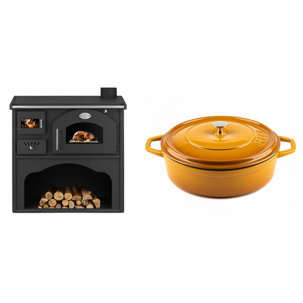 Set Küchenofen / Küchenhexe mit Backofen und Kochplatte Zvezda, Modell Classic GFS, Leistung 5.9kW + Gusseisen Topf Flach Solagio, Dijon, Ф28