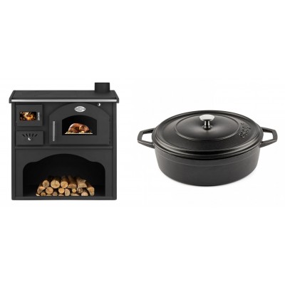 Set Küchenofen / Küchenhexe mit Backofen und Kochplatte Zvezda, Modell Classic GFS, Leistung 5.9kW + Gusseisen Topf Flach Solagio, Black Onyx, Ф28 - Kaminofen - Holzofen mit Backfach