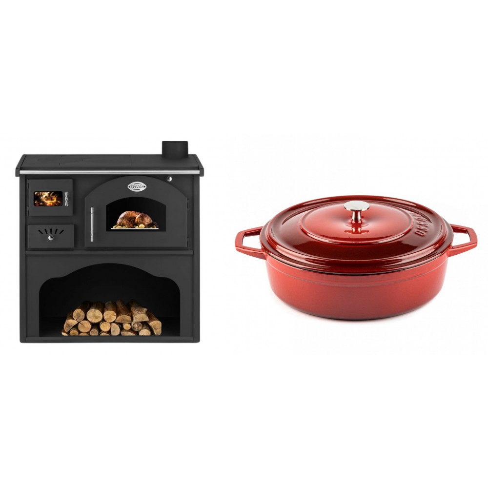 Set Küchenofen / Küchenhexe mit Backofen und Kochplatte Zvezda, Modell Classic GFS, Leistung 5.9kW + Gusseisen Topf Flach Solagio, Rubin, Ф28 | Kaminofen - Holzofen mit Backfach | Kaminofen |