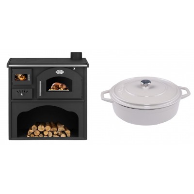 Set Küchenofen / Küchenhexe mit Backofen und Kochplatte Zvezda, Modell Classic GFS, Leistung 5.9kW + Gusseisen Topf Flach Solagio, Ivory, Ф28 - Kaminofen - Holzofen mit Backfach