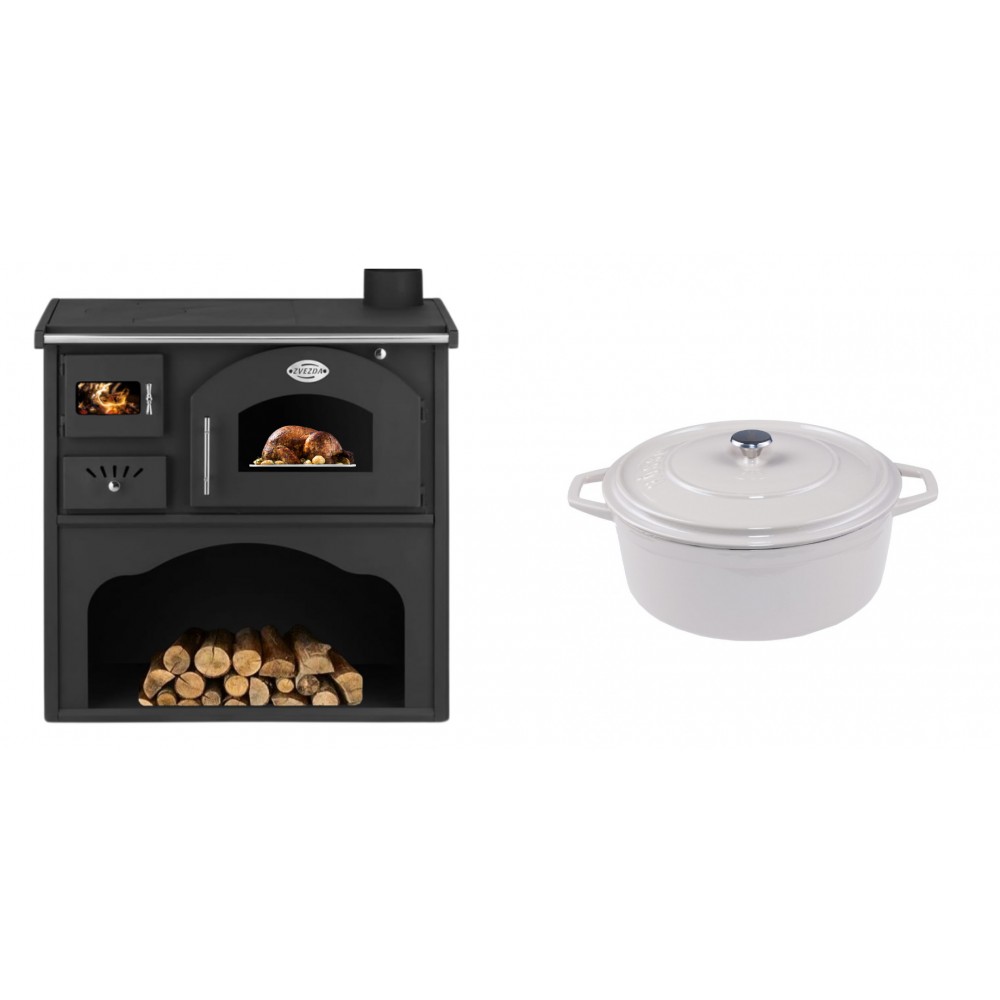 Set Küchenofen / Küchenhexe mit Backofen und Kochplatte Zvezda, Modell Classic GFS, Leistung 5.9kW + Gusseisen Topf Tiefer Solagio, Ivory, Ф20 | Kaminofen - Holzofen mit Backfach | Kaminofen |