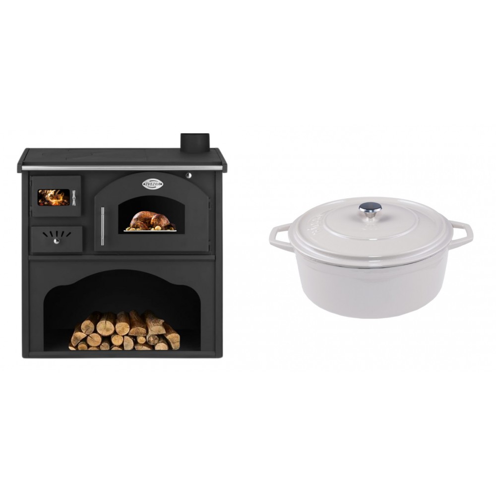Set Küchenofen / Küchenhexe mit Backofen und Kochplatte Zvezda, Modell Classic GFS, Leistung 5.9kW + Gusseisen Topf Tiefer Solagio, Ivory, Ф24 | Kaminofen - Holzofen mit Backfach | Kaminofen |