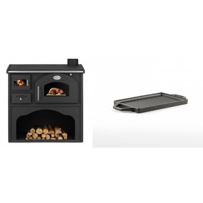 Set Küchenofen / Küchenhexe mit Backofen und Kochplatte Zvezda, Modell Classic GFS, Leistung 5.9kW + Mini-Grillplatte aus Gusseisen Solagio, 15.5x22.5cm - Kaminofen - Holzofen mit Backfach