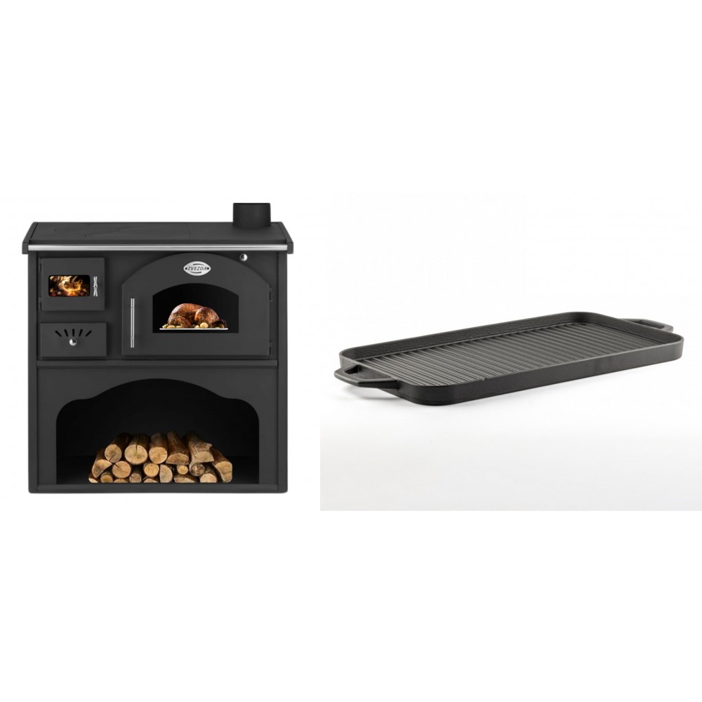 Set Küchenofen / Küchenhexe mit Backofen und Kochplatte Zvezda, Modell Classic GFS, Leistung 5.9kW + Große Grillplatte aus Gusseisen Solagio, 25x44cm | Kaminofen - Holzofen mit Backfach | Kaminofen |