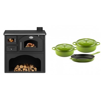 Set Küchenofen / Küchenhexe mit Backofen und Kochplatte Zvezda, Modell Classic GFS, Leistung 5.9kW + Gusseisen Topf Set aus 3 teilen Solagio, Bamboo - Kaminofen - Holzofen mit Backfach