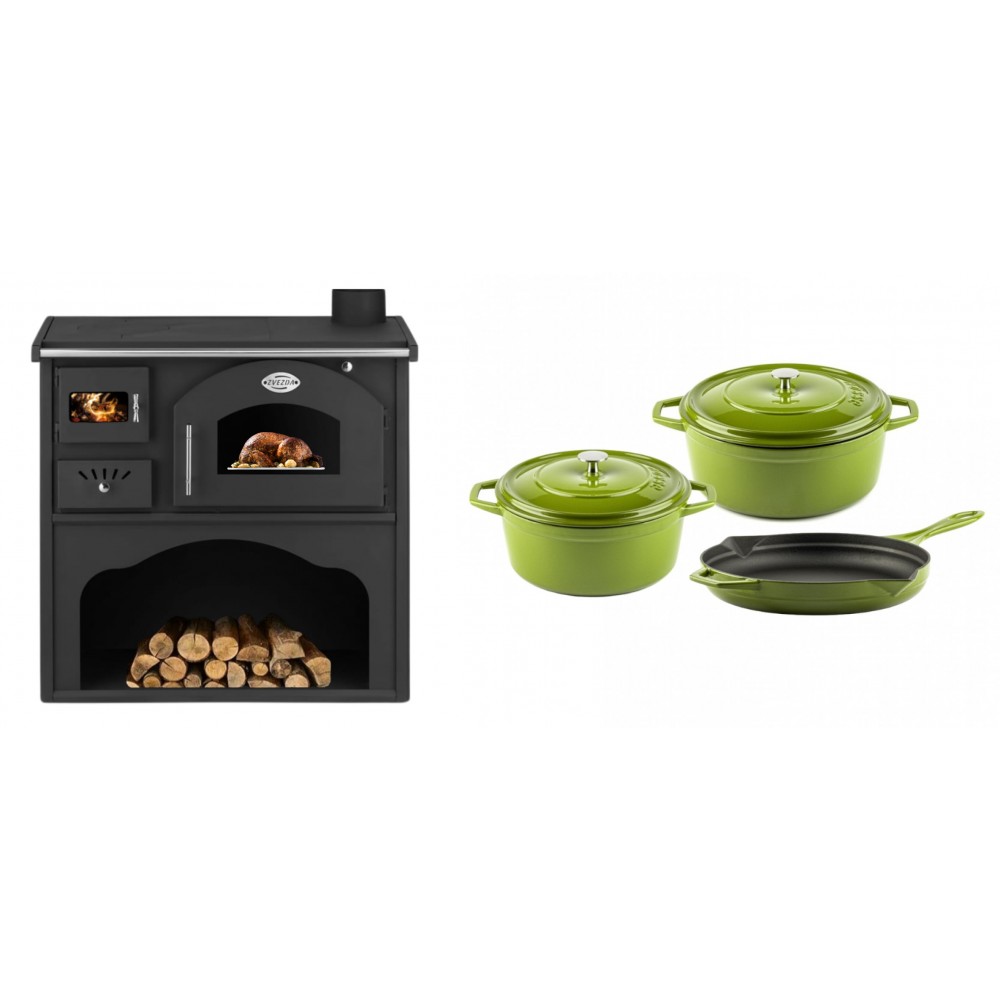 Set Küchenofen / Küchenhexe mit Backofen und Kochplatte Zvezda, Modell Classic GFS, Leistung 5.9kW + Gusseisen Topf Set aus 3 teilen Solagio, Bamboo