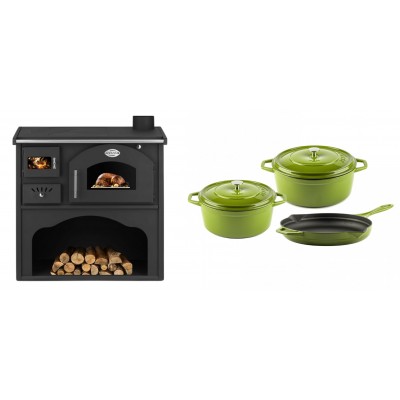 Set Küchenofen / Küchenhexe mit Backofen und Kochplatte Zvezda, Modell Classic GFS, Leistung 5.9kW + Gusseisen Topf Set aus 3 teilen Solagio, Bamboo - Kaminofen - Holzofen mit Backfach
