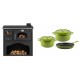 Set Küchenofen / Küchenhexe mit Backofen und Kochplatte Zvezda, Modell Classic GFS, Leistung 5.9kW + Gusseisen Topf Set aus 3 teilen Solagio, Bamboo | Kaminofen - Holzofen mit Backfach | Kaminofen |