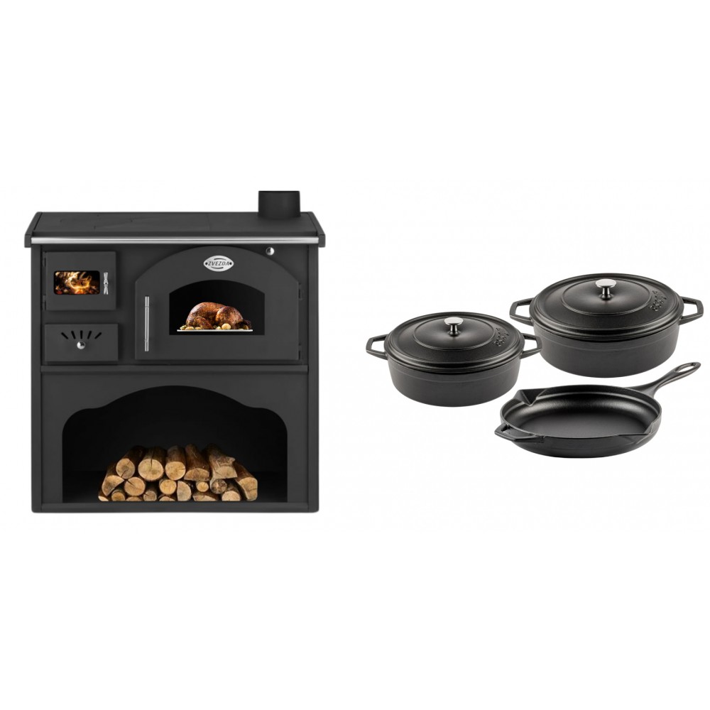 Set Küchenofen / Küchenhexe mit Backofen und Kochplatte Zvezda, Modell Classic GFS, Leistung 5.9kW + Gusseisen Topf Set aus 3 teilen Solagio, Black Onyx | Kaminofen - Holzofen mit Backfach | Kaminofen |