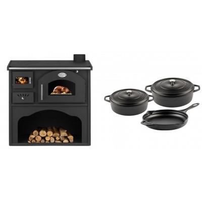 Set Küchenofen / Küchenhexe mit Backofen und Kochplatte Zvezda, Modell Classic GFS, Leistung 5.9kW + Gusseisen Topf Set aus 3 teilen Solagio, Black Onyx - Kaminofen - Holzofen mit Backfach