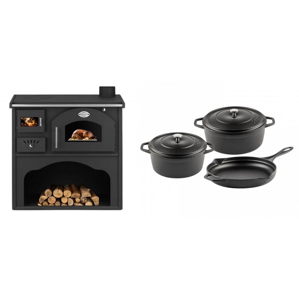Set Küchenofen / Küchenhexe mit Backofen und Kochplatte Zvezda, Modell Classic GFS, Leistung 5.9kW + Gusseisen Topf Set aus 3 teilen Solagio, Black Onyx | Kaminofen - Holzofen mit Backfach | Kaminofen |