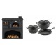 Set Küchenofen / Küchenhexe mit Backofen und Kochplatte Zvezda, Modell Classic GFS, Leistung 5.9kW + Gusseisen Topf Set aus 3 teilen Solagio, Black Onyx | Kaminofen - Holzofen mit Backfach | Kaminofen |