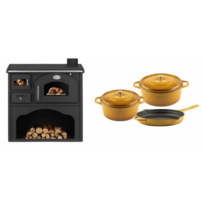 Set Küchenofen / Küchenhexe mit Backofen und Kochplatte Zvezda, Modell Classic GFS, Leistung 5.9kW + Gusseisen Topf Set aus 3 teilen Solagio, Dijon - Kaminofen - Holzofen mit Backfach