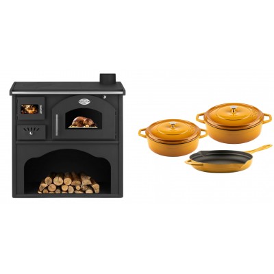 Set Küchenofen / Küchenhexe mit Backofen und Kochplatte Zvezda, Modell Classic GFS, Leistung 5.9kW + Gusseisen Topf Set aus 3 teilen Solagio, Dijon - Kaminofen - Holzofen mit Backfach