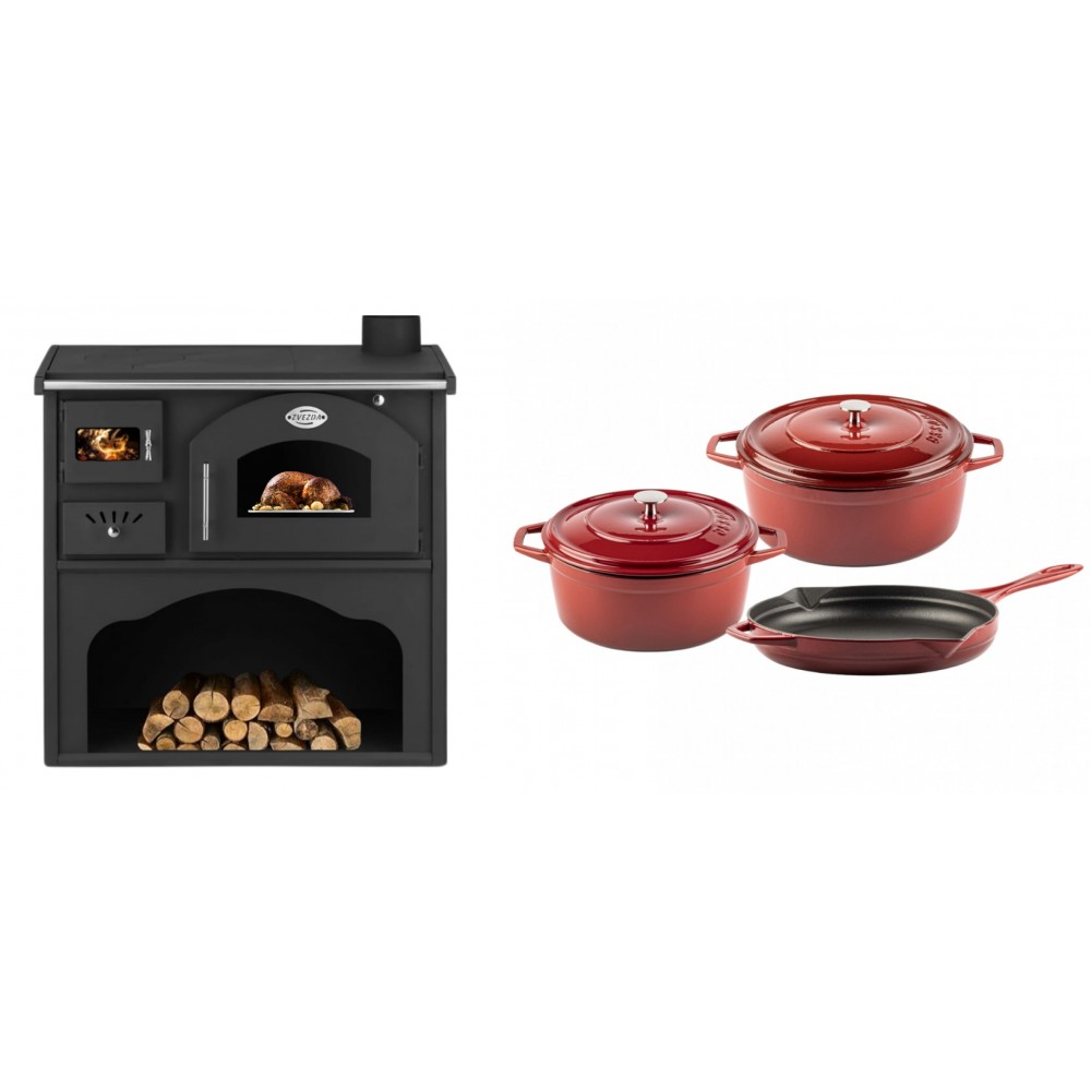 Set Küchenofen / Küchenhexe mit Backofen und Kochplatte Zvezda, Modell Classic GFS, Leistung 5.9kW + Gusseisen Topf Set aus 3 teilen Solagio, Rubin