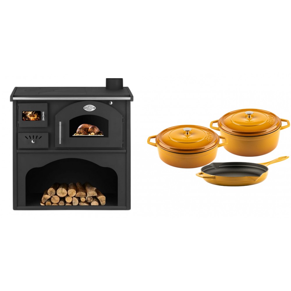 Set Küchenofen / Küchenhexe mit Backofen und Kochplatte Zvezda, Modell Classic GFS, Leistung 5.9kW + Gusseisen Topf Set aus 3 teilen Solagio, Dijon | Kaminofen - Holzofen mit Backfach | Kaminofen |