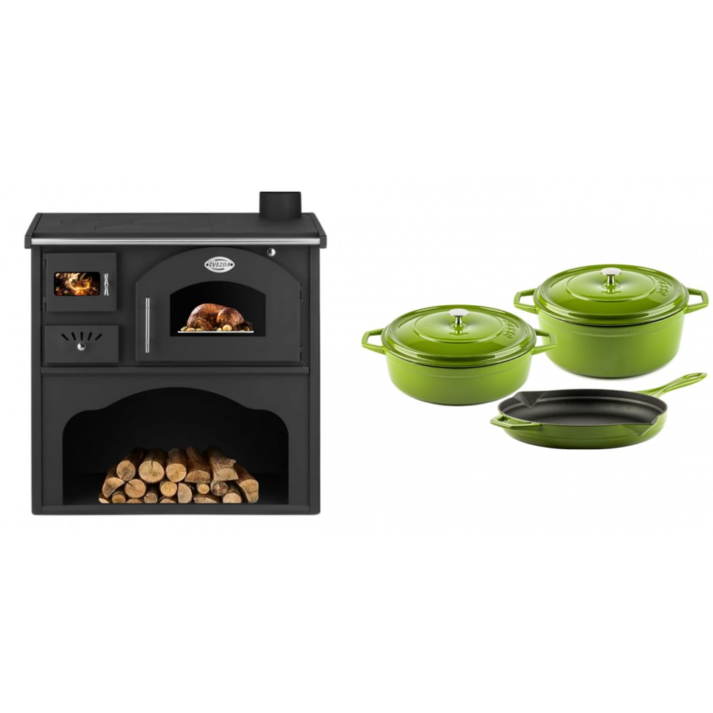 Set Küchenofen / Küchenhexe mit Backofen und Kochplatte Zvezda, Modell Classic GFS, Leistung 5.9kW + Gusseisen Topf Set aus 3 teilen Solagio, Bamboo