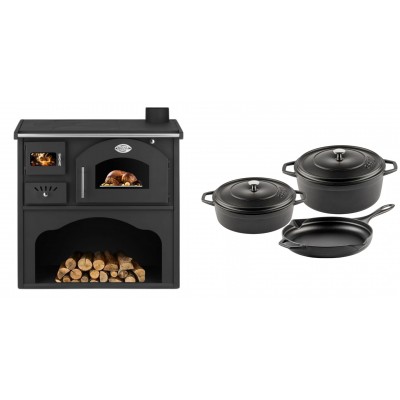Set Küchenofen / Küchenhexe mit Backofen und Kochplatte Zvezda, Modell Classic GFS, Leistung 5.9kW + Gusseisen Topf Set aus 3 teilen Solagio, Black Onyx - Kaminofen - Holzofen mit Backfach