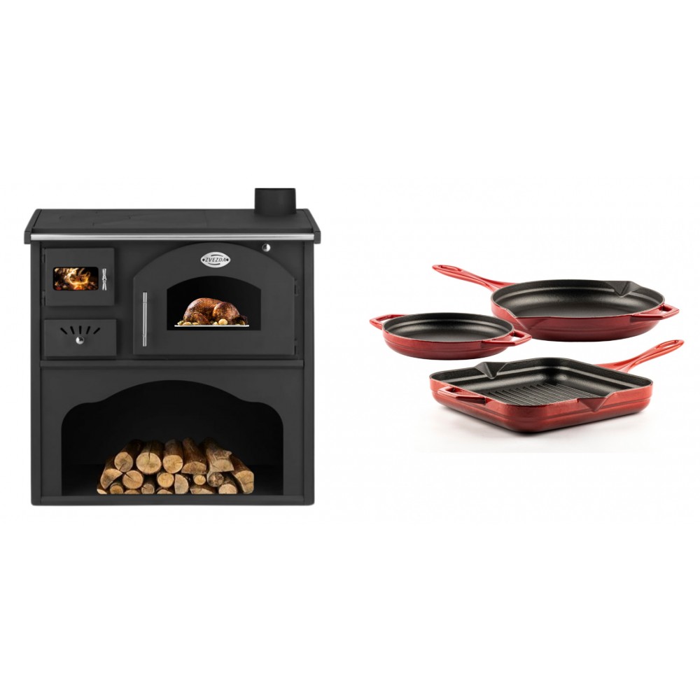 Set Küchenofen / Küchenhexe mit Backofen und Kochplatte Zvezda, Modell Classic GFS, Leistung 5.9kW + Gusseisen Topf Set aus 3 teilen Solagio, Rubin