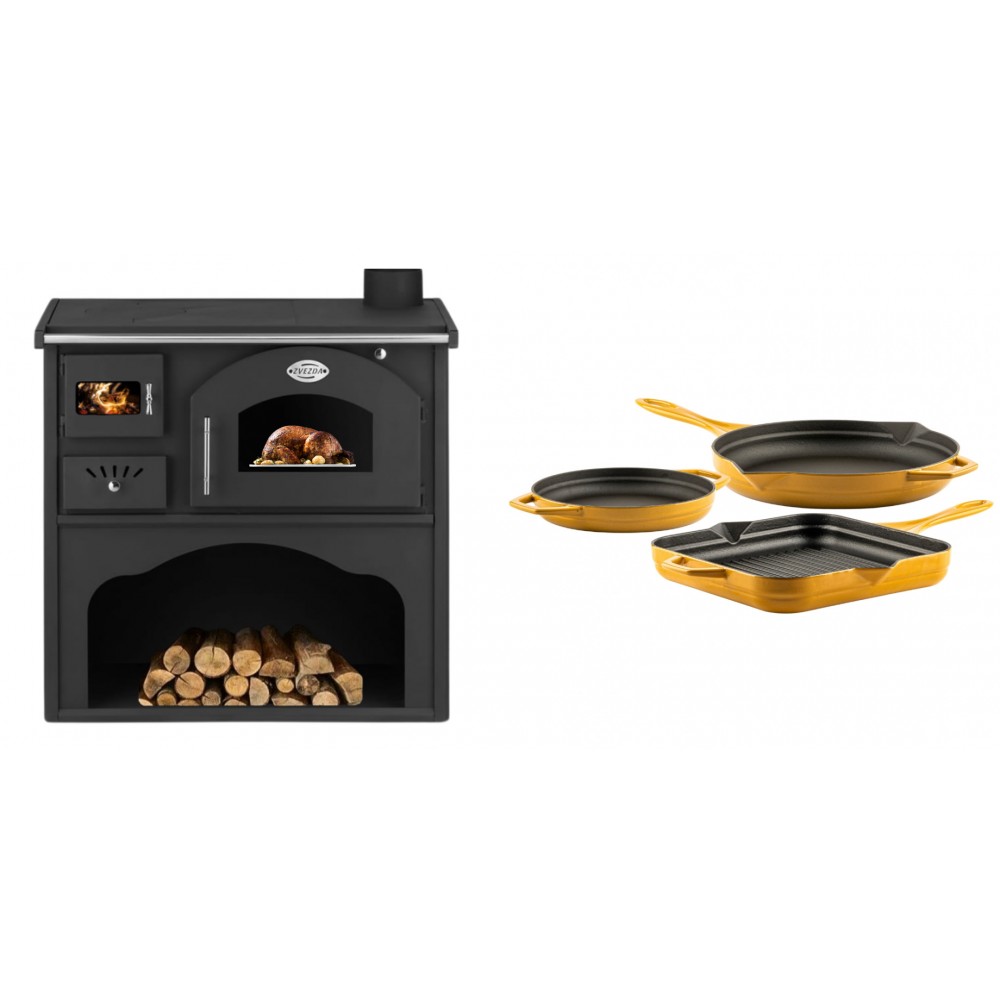 Set Küchenofen / Küchenhexe mit Backofen und Kochplatte Zvezda, Modell Classic GFS, Leistung 5.9kW + Gusseisen Topf Set aus 3 teilen Solagio, Dijon | Kaminofen - Holzofen mit Backfach | Kaminofen |