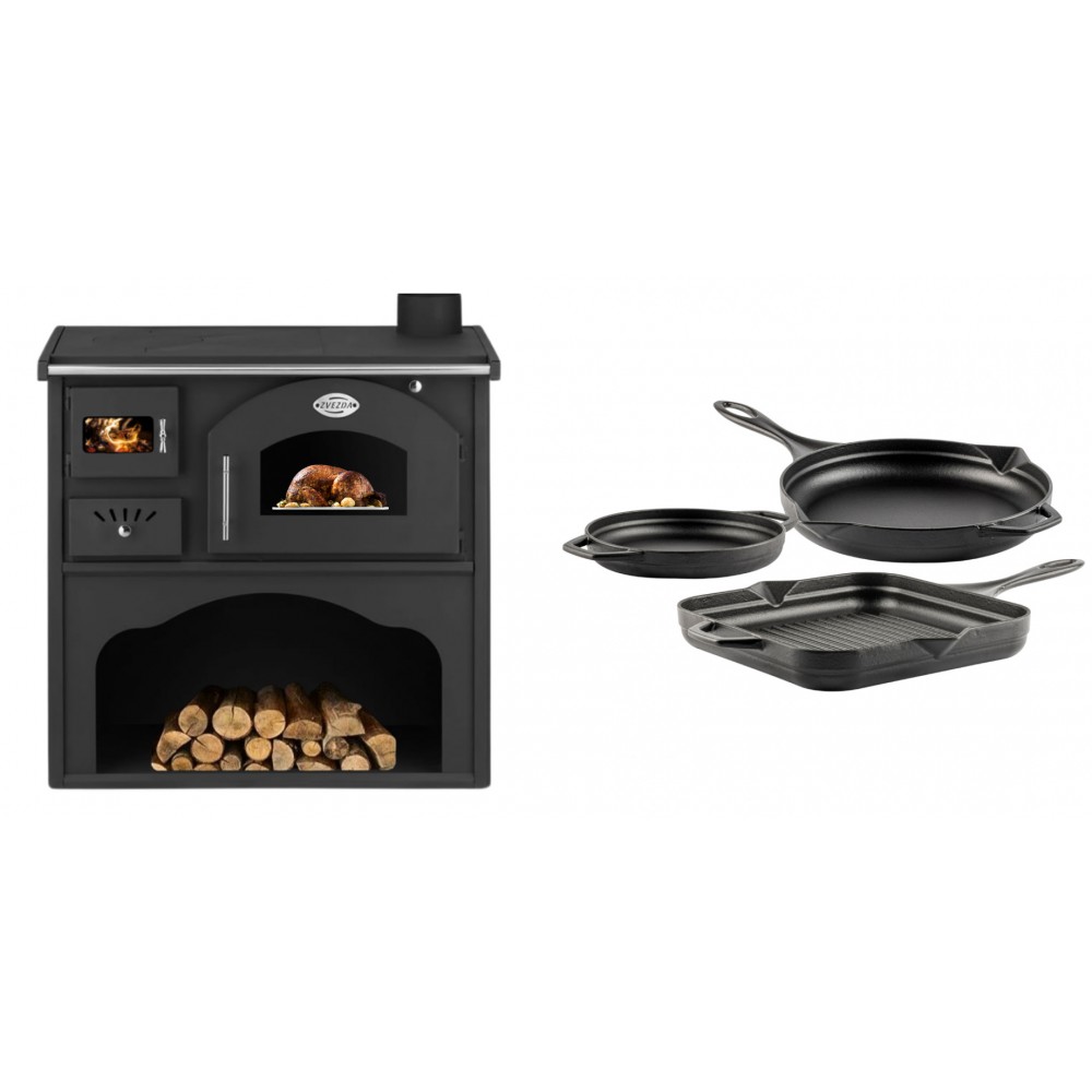 Set Küchenofen / Küchenhexe mit Backofen und Kochplatte Zvezda, Modell Classic GFS, Leistung 5.9kW + Gusseisen Topf Set aus 3 teilen Solagio, Black Onyx