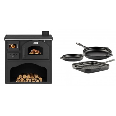 Set Küchenofen / Küchenhexe mit Backofen und Kochplatte Zvezda, Modell Classic GFS, Leistung 5.9kW + Gusseisen Topf Set aus 3 teilen Solagio, Black Onyx - Kaminofen - Holzofen mit Backfach