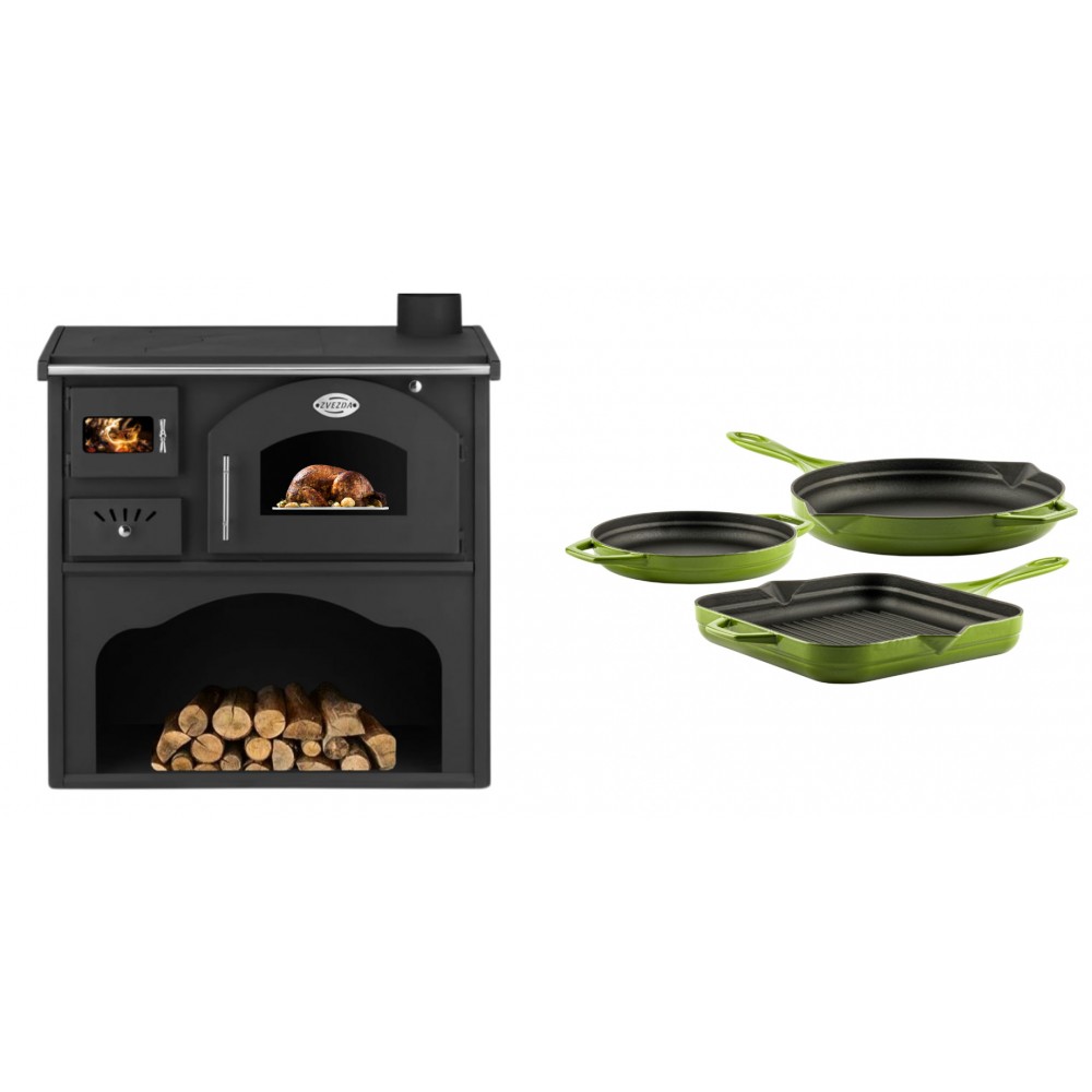 Set Küchenofen / Küchenhexe mit Backofen und Kochplatte Zvezda, Modell Classic GFS, Leistung 5.9kW + Gusseisen Topf Set aus 3 teilen Solagio, Bamboo