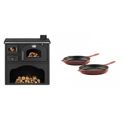 Set Küchenofen / Küchenhexe mit Backofen und Kochplatte Zvezda, Modell Classic GFS, Leistung 5.9kW + Gusseisen Topf Set aus 2 teilen Solagio, Rubin - Kaminofen - Holzofen mit Backfach