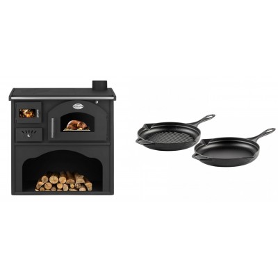 Set Küchenofen / Küchenhexe mit Backofen und Kochplatte Zvezda, Modell Classic GFS, Leistung 5.9kW + Gusseisen Topf Set aus 2 teilen Solagio, Black Onyx - Kaminofen - Holzofen mit Backfach