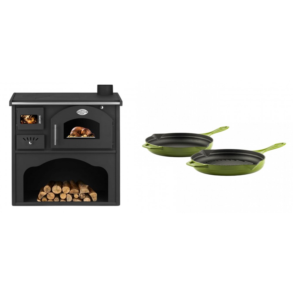 Set Küchenofen / Küchenhexe mit Backofen und Kochplatte Zvezda, Modell Classic GFS, Leistung 5.9kW + Gusseisen Topf Set aus 2 teilen Solagio, Bamboo | Kaminofen - Holzofen mit Backfach | Kaminofen |