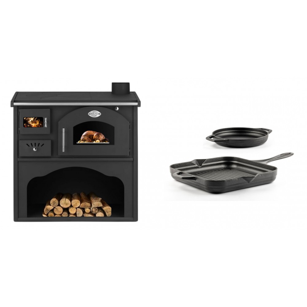Set Küchenofen / Küchenhexe mit Backofen und Kochplatte Zvezda, Modell Classic GFS, Leistung 5.9kW + Gusseisen Topf Set aus 2 teilen Solagio, Black Onyx
