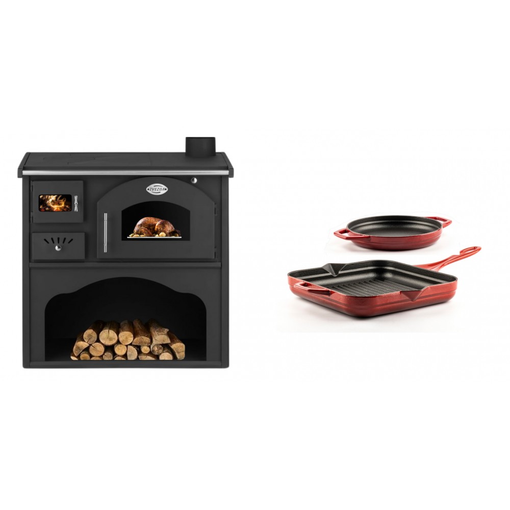 Set Küchenofen / Küchenhexe mit Backofen und Kochplatte Zvezda, Modell Classic GFS, Leistung 5.9kW + Gusseisen Topf Set aus 2 teilen Solagio, Rubin | Kaminofen - Holzofen mit Backfach | Kaminofen |