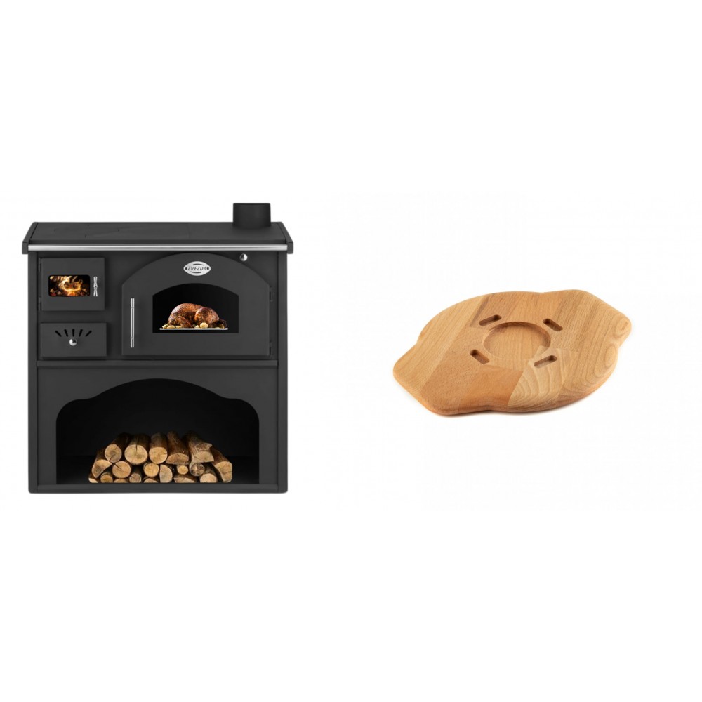 Set Küchenofen / Küchenhexe mit Backofen und Kochplatte Zvezda, Modell Classic GFS, Leistung 5.9kW + Holz untersetzer für gusseisenplatte Solagio HSYSAK20