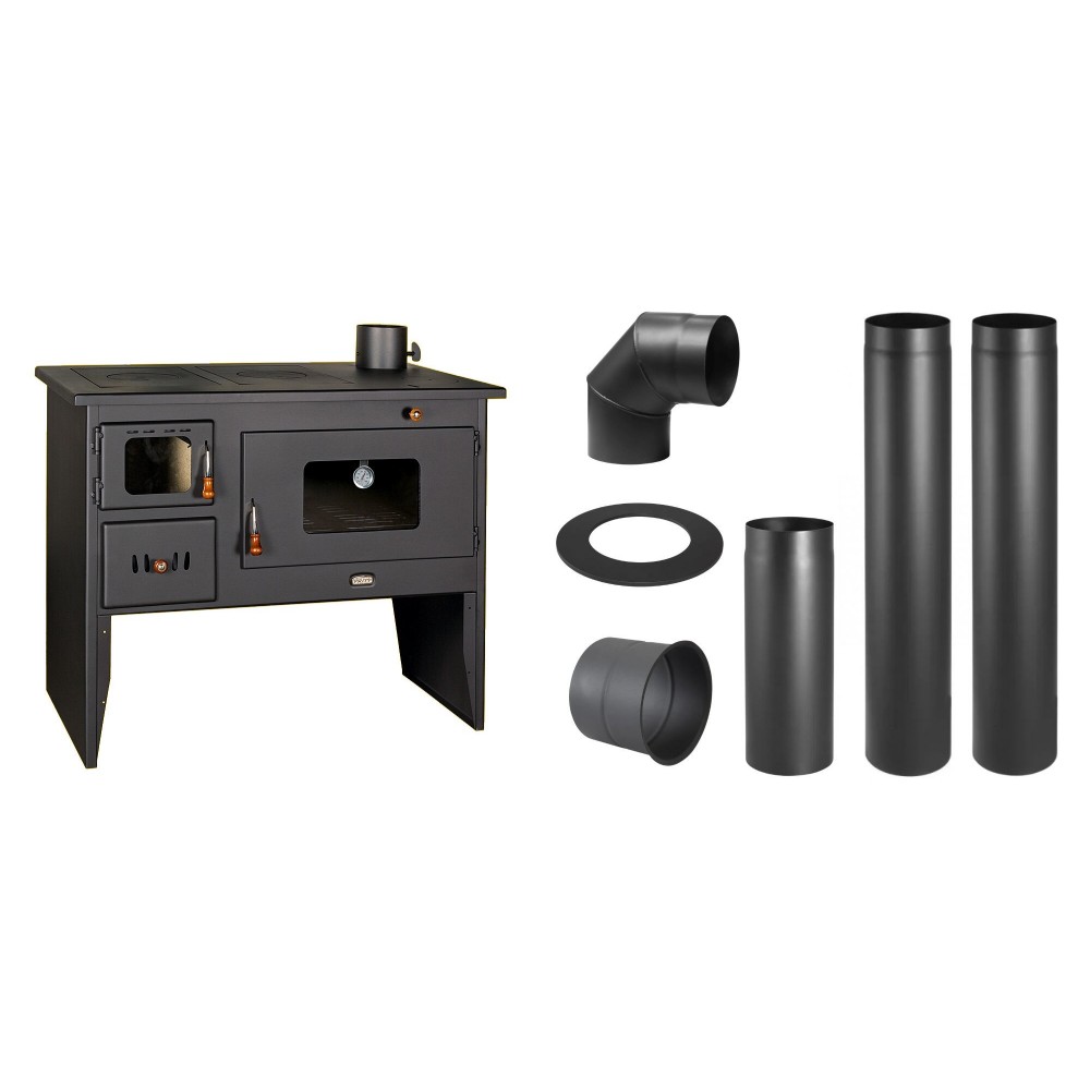 Set Küchenofen / Küchenhexe mit Backofen und Kochplatte Prity, Modell 2P50, Leistung 16kW + Schornstein Bausatz PARKANEX, Stahl Ø130, Dicke 2mm