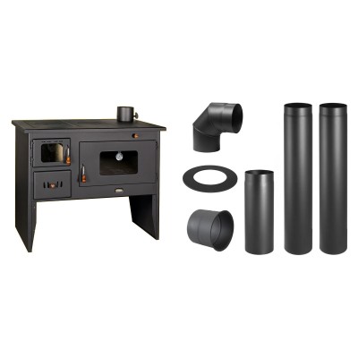 Set Küchenofen / Küchenhexe mit Backofen und Kochplatte Prity, Modell 2P50, Leistung 16kW + Schornstein Bausatz PARKANEX, Stahl Ø130, Dicke 2mm - Kaminofen - Holzofen mit Backfach