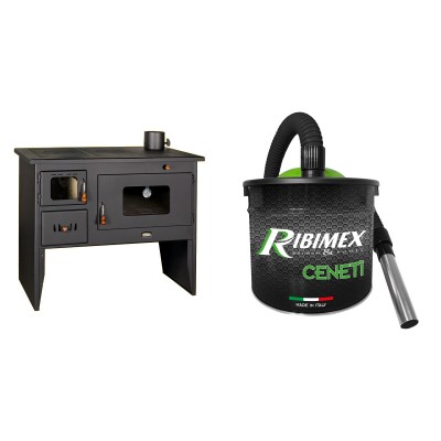 Set Küchenofen / Küchenhexe mit Backofen und Kochplatte Prity, Modell 2P50, Leistung 16kW + Elektrischer Aschesauger Ribimex, Modell Cenetì, Fassungsvermögen 15 L - Kaminofen - Holzofen mit Backfach