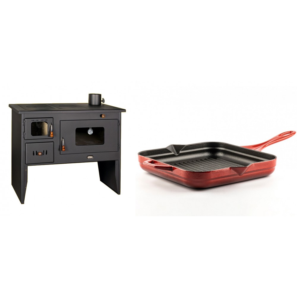 Set Küchenofen / Küchenhexe mit Backofen und Kochplatte Prity, Modell 2P50, Leistung 16kW + Emaillierte grillpfanne Gusseisen Solagio, Rubin, 28x28cm | Kaminofen - Holzofen mit Backfach | Kaminofen |