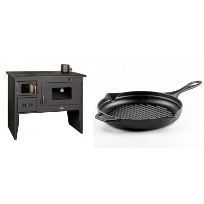 Set Küchenofen / Küchenhexe mit Backofen und Kochplatte Prity, Modell 2P50, Leistung 16kW + Emaillierte grillpfanne Gusseisen Solagio, Black Onyx, Ф28cm - Kaminofen - Holzofen mit Backfach