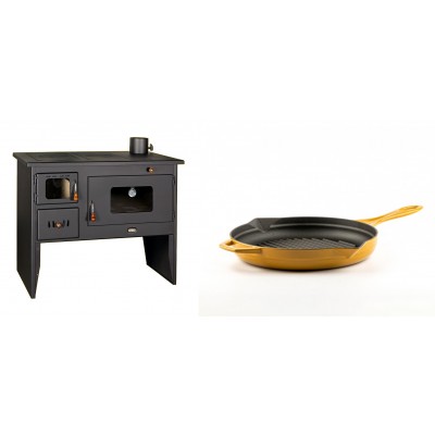 Set Küchenofen / Küchenhexe mit Backofen und Kochplatte Prity, Modell 2P50, Leistung 16kW + Emaillierte grillpfanne Gusseisen Solagio, Dijon, Ф24cm - Kaminofen - Holzofen mit Backfach