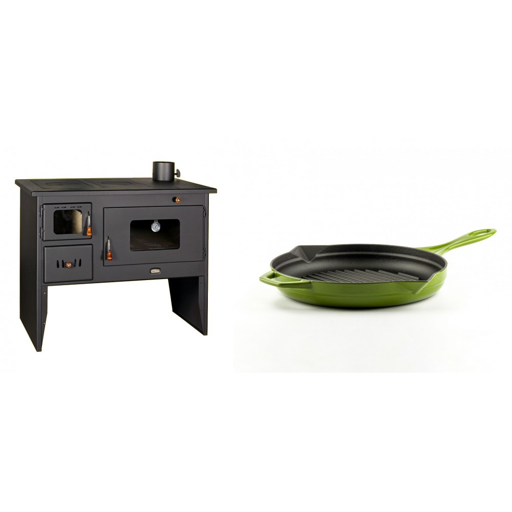 Set Küchenofen / Küchenhexe mit Backofen und Kochplatte Prity, Modell 2P50, Leistung 16kW + Emaillierte grillpfanne Gusseisen Solagio, Bamboo, Ф24cm | Kaminofen - Holzofen mit Backfach | Kaminofen |