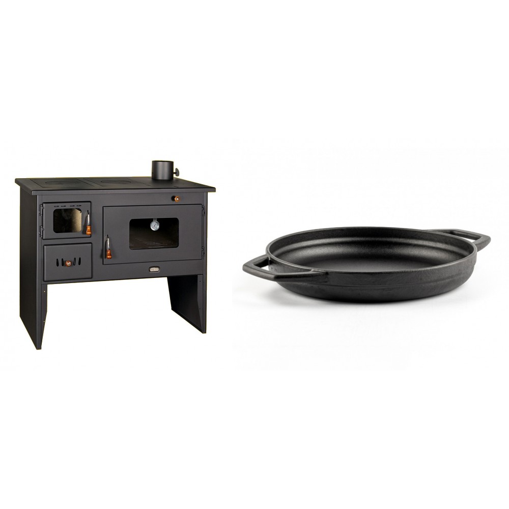 Set Küchenofen / Küchenhexe mit Backofen und Kochplatte Prity, Modell 2P50, Leistung 16kW + Emaillierte gusseisenpfanne mit zwei Griffen Solagio, Black Onyx, Ф22cm | Kaminofen - Holzofen mit Backfach | Kaminofen |
