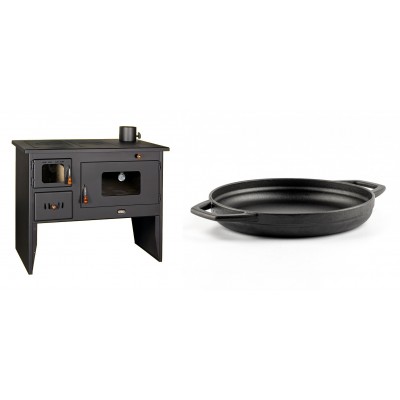 Set Küchenofen / Küchenhexe mit Backofen und Kochplatte Prity, Modell 2P50, Leistung 16kW + Emaillierte gusseisenpfanne mit zwei Griffen Solagio, Black Onyx, Ф22cm - Kaminofen - Holzofen mit Backfach