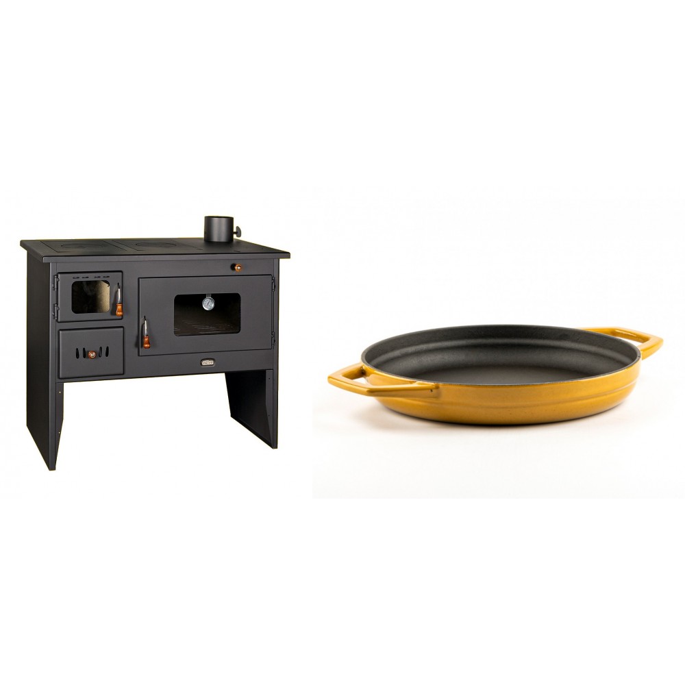 Set Küchenofen / Küchenhexe mit Backofen und Kochplatte Prity, Modell 2P50, Leistung 16kW + Emaillierte gusseisenpfanne mit zwei Griffen Solagio, Dijon, Ф22cm | Kaminofen - Holzofen mit Backfach | Kaminofen |